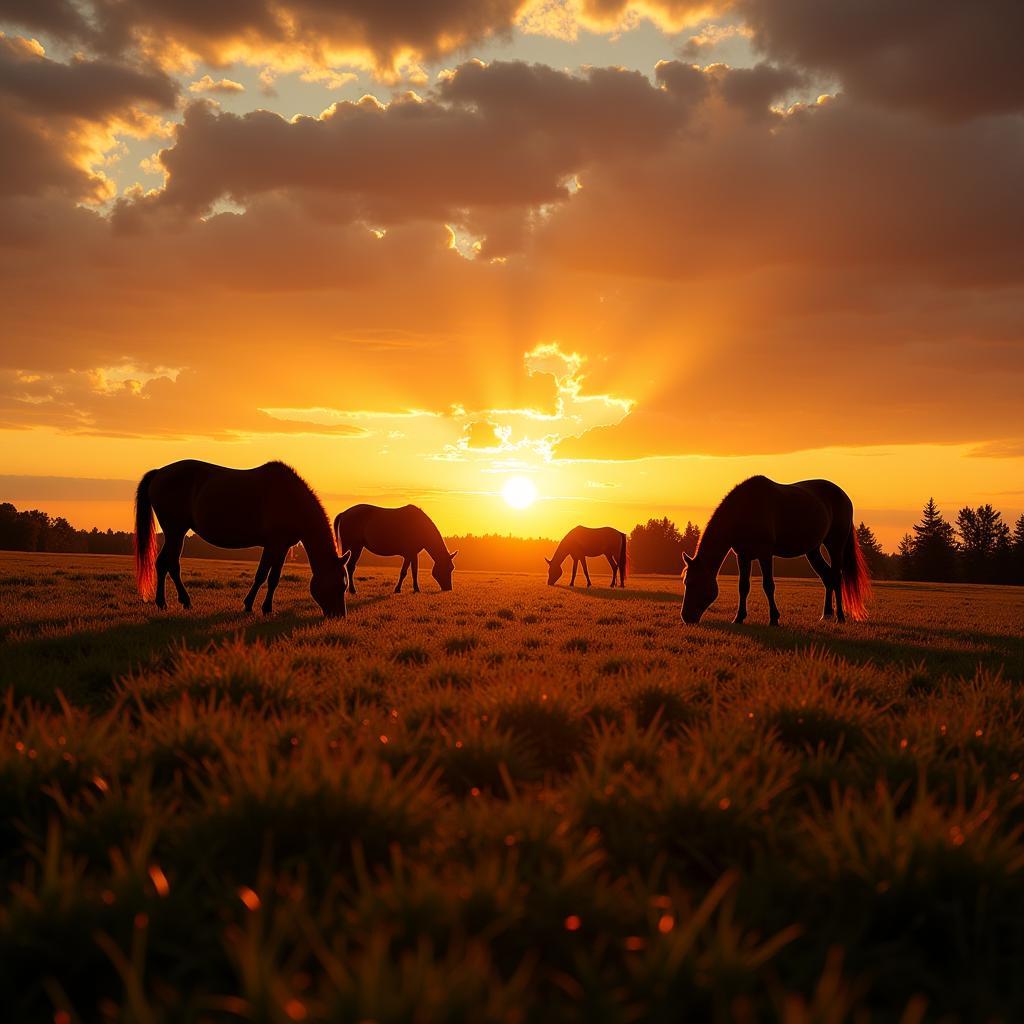 Golden Sunset Stables: Horses enjoying the evening glow in the pasture.