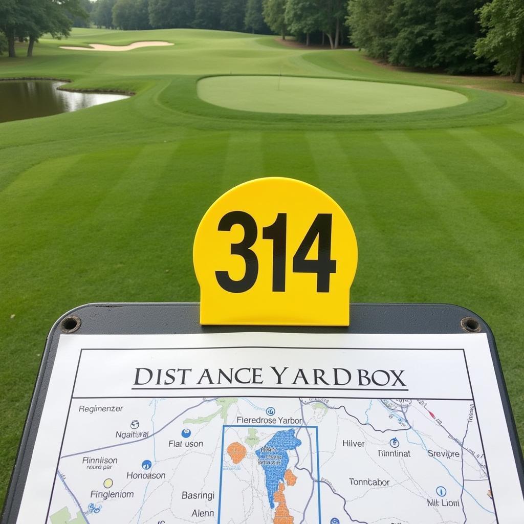 Golf course tee box with a distance marker