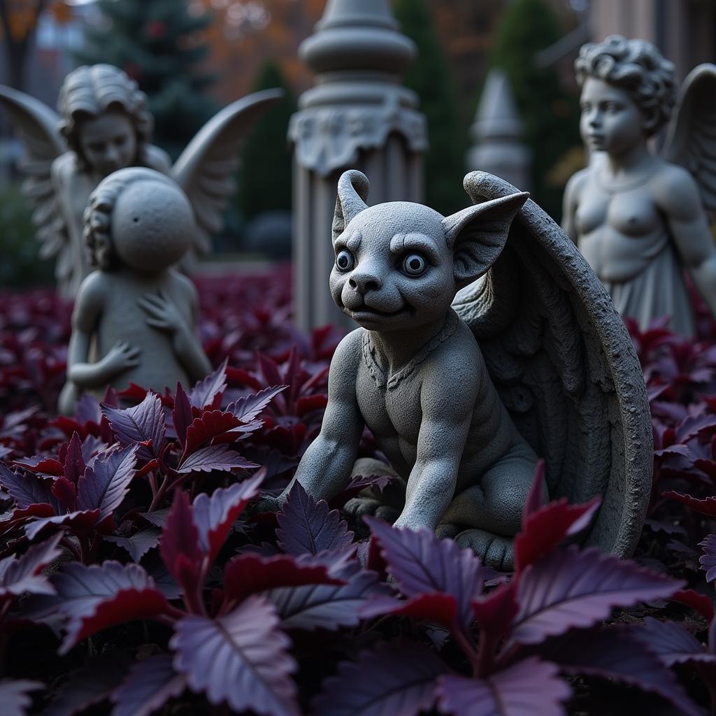 Gothic garden statues amidst dark foliage