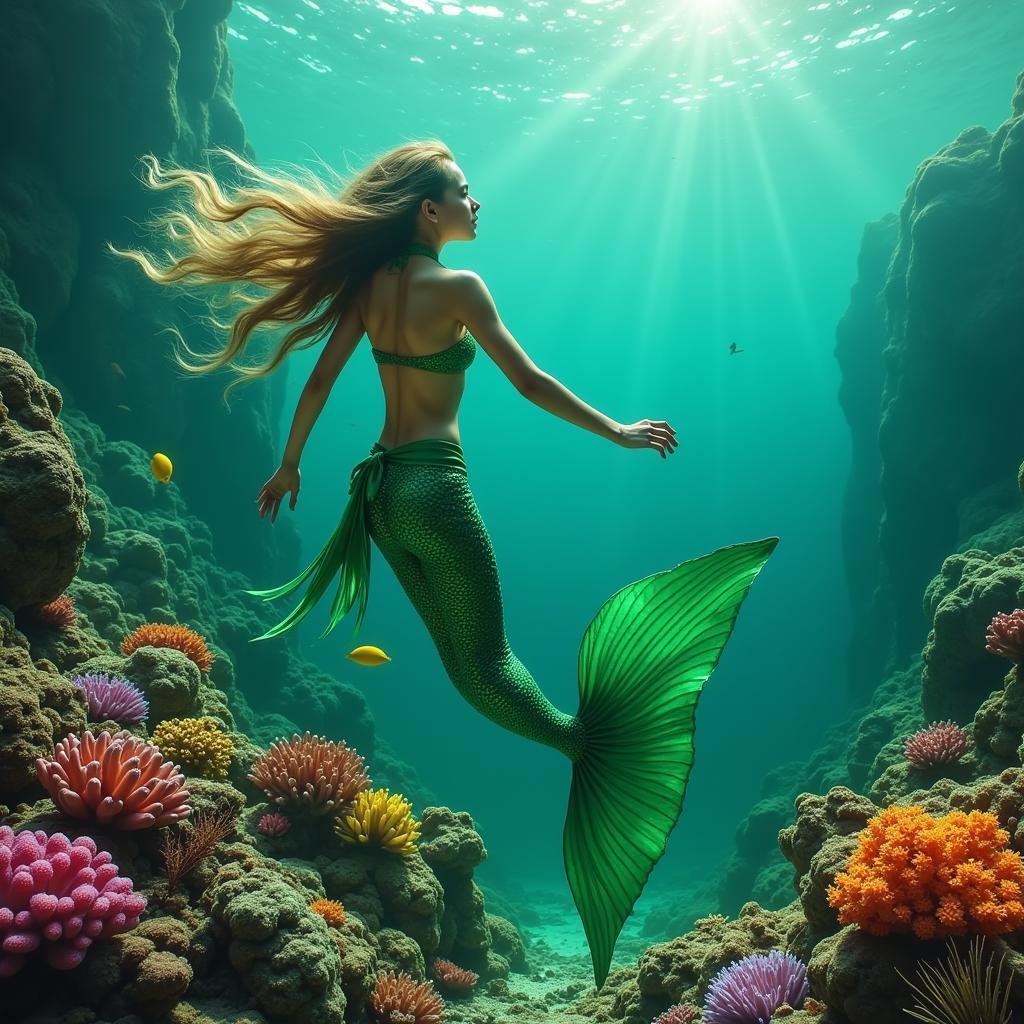 Green Mermaid Tail Swimming Near a Coral Reef