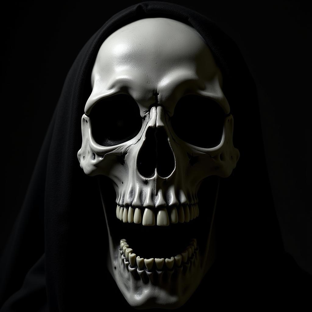 Grim Reaper Head Symbolism: A close-up of a grim reaper skull, showcasing its hollow eye sockets and menacing grin, symbolizing death and the passage to the afterlife.