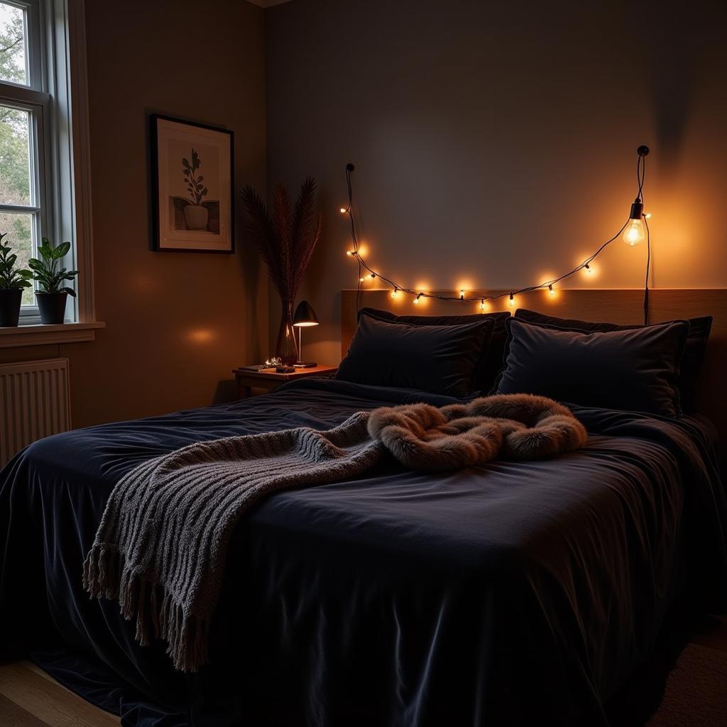 Layered bedding and mood lighting create a cozy grunge atmosphere