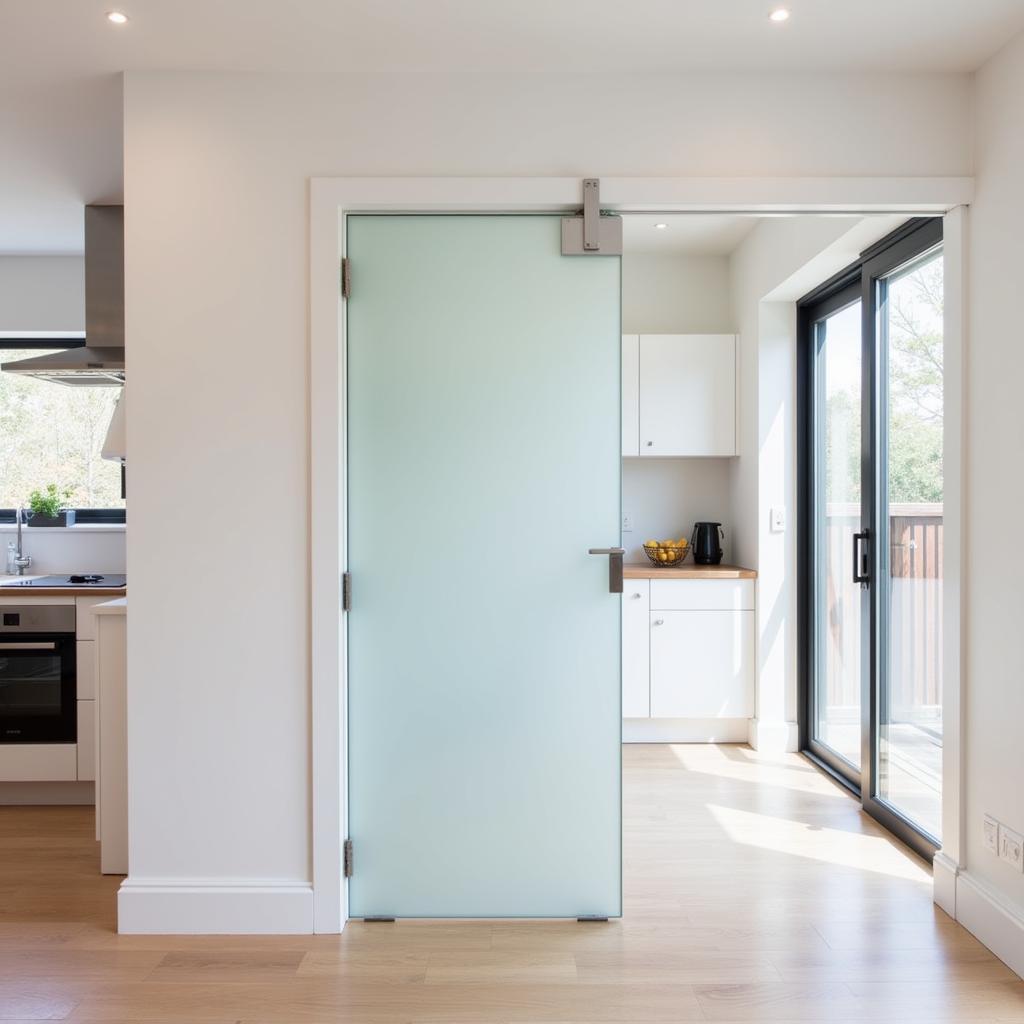 Modern kitchen with a half wall and door