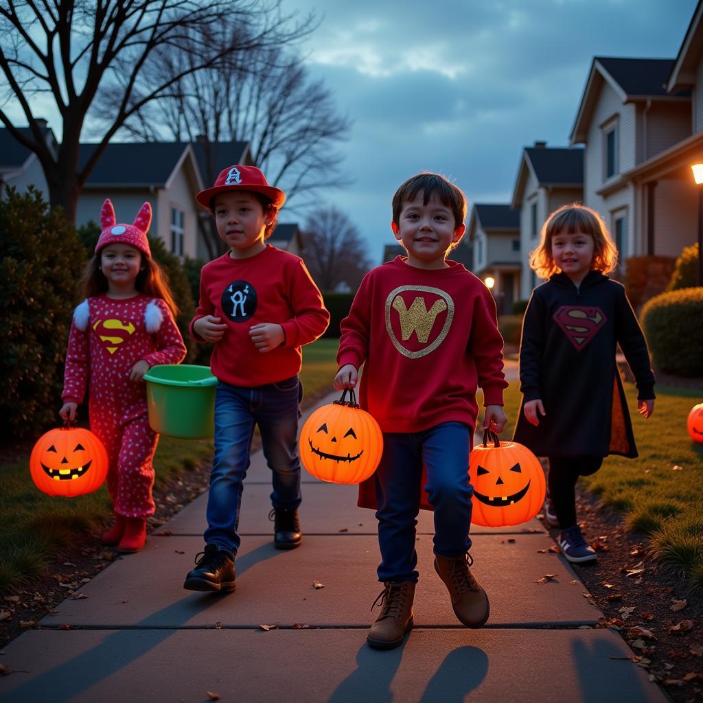 Kids in Halloween Costumes Trick-or-Treating