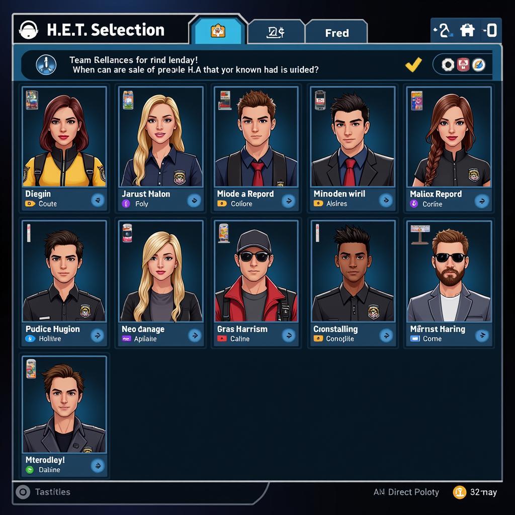 H.E.A.T Police character selection screen showing diverse team members and their special abilities.