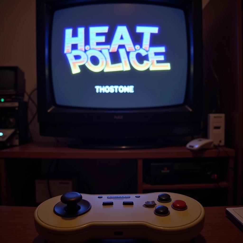 H.E.A.T Police game being played on a retro gaming console with a vintage controller.