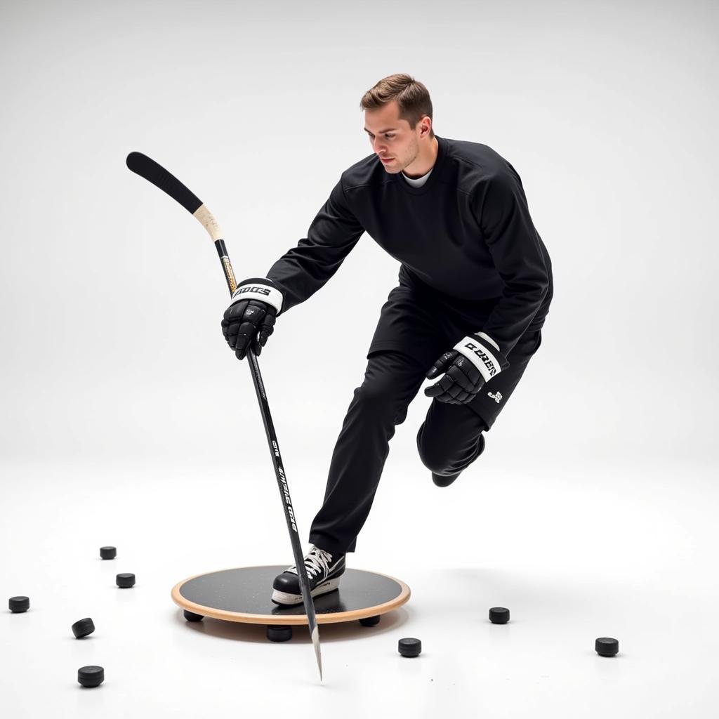 Hockey player performing stickhandling drills on a balance board for enhanced coordination and puck control.