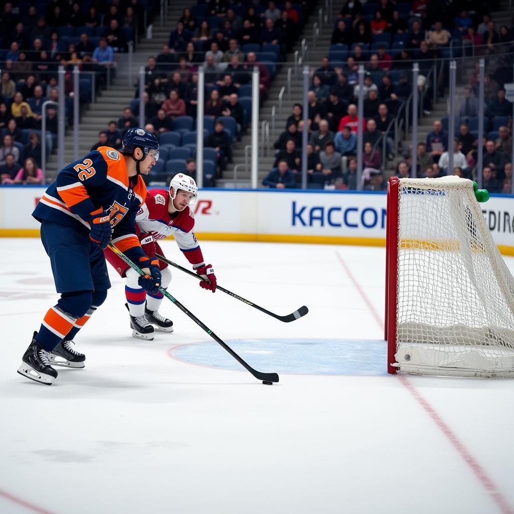 Hockey Player Aiming for the Top Corner of the Net