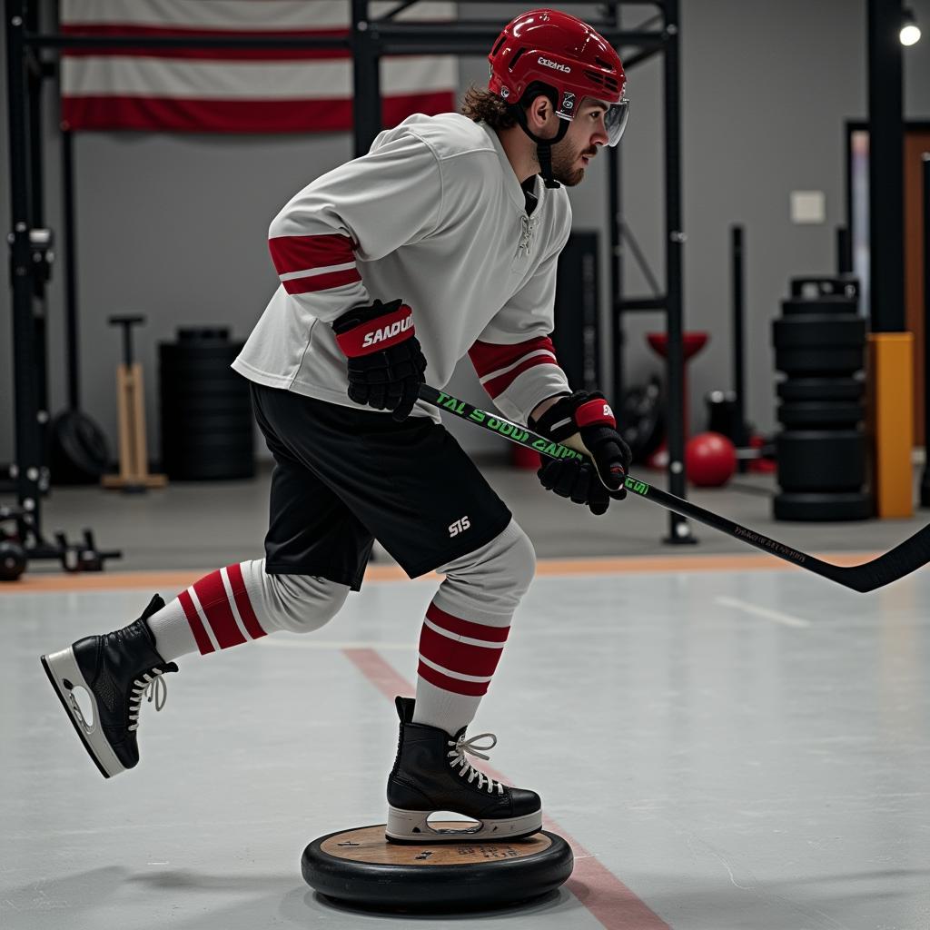 Hockey player training on a balance board to enhance stability and puck control