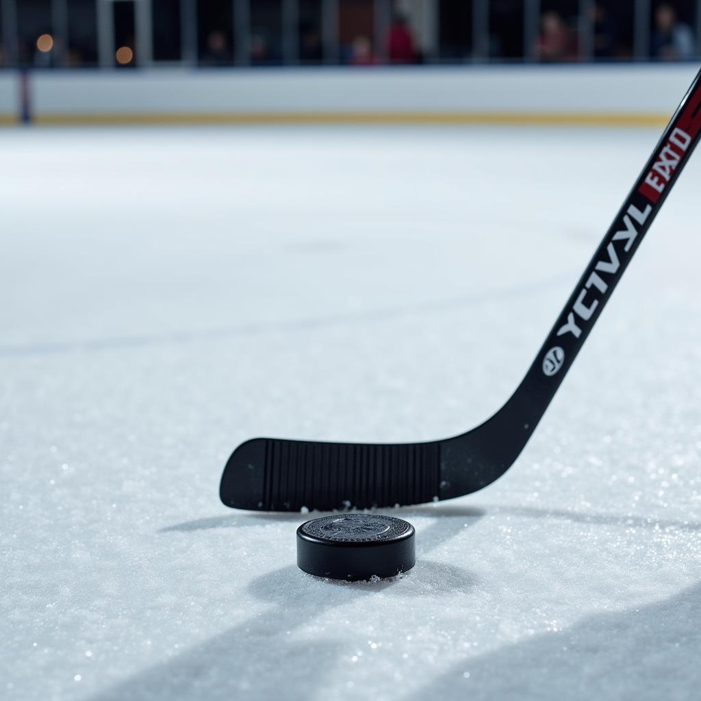 Hockey Puck and Stick on Ice