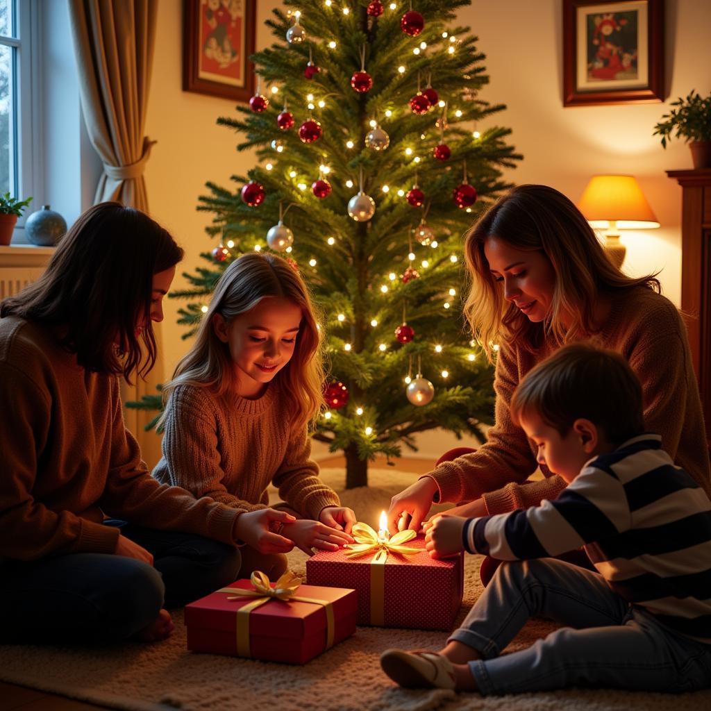 Family Gathering Around a Decorated Christmas Tree