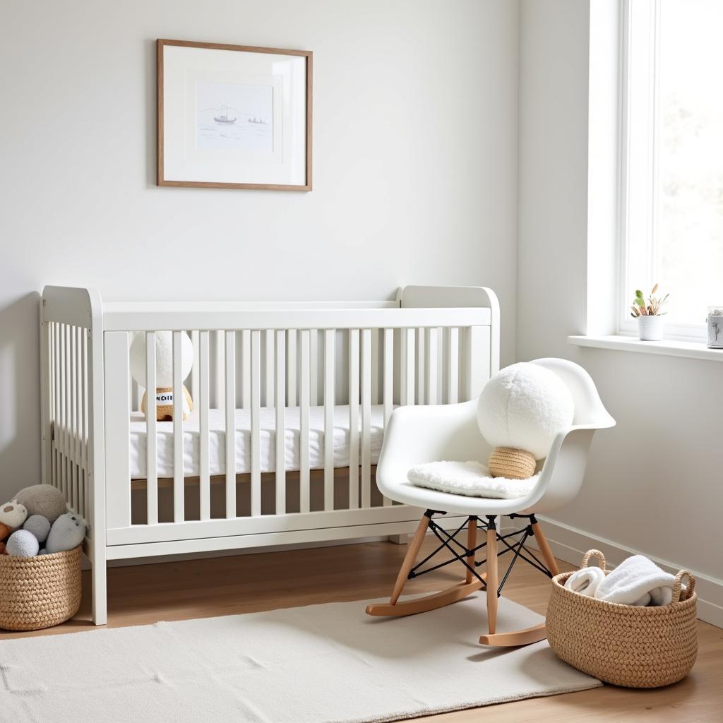 White crib with rounded edges resembling a hot air balloon basket and a rocking chair with a cloud-shaped cushion