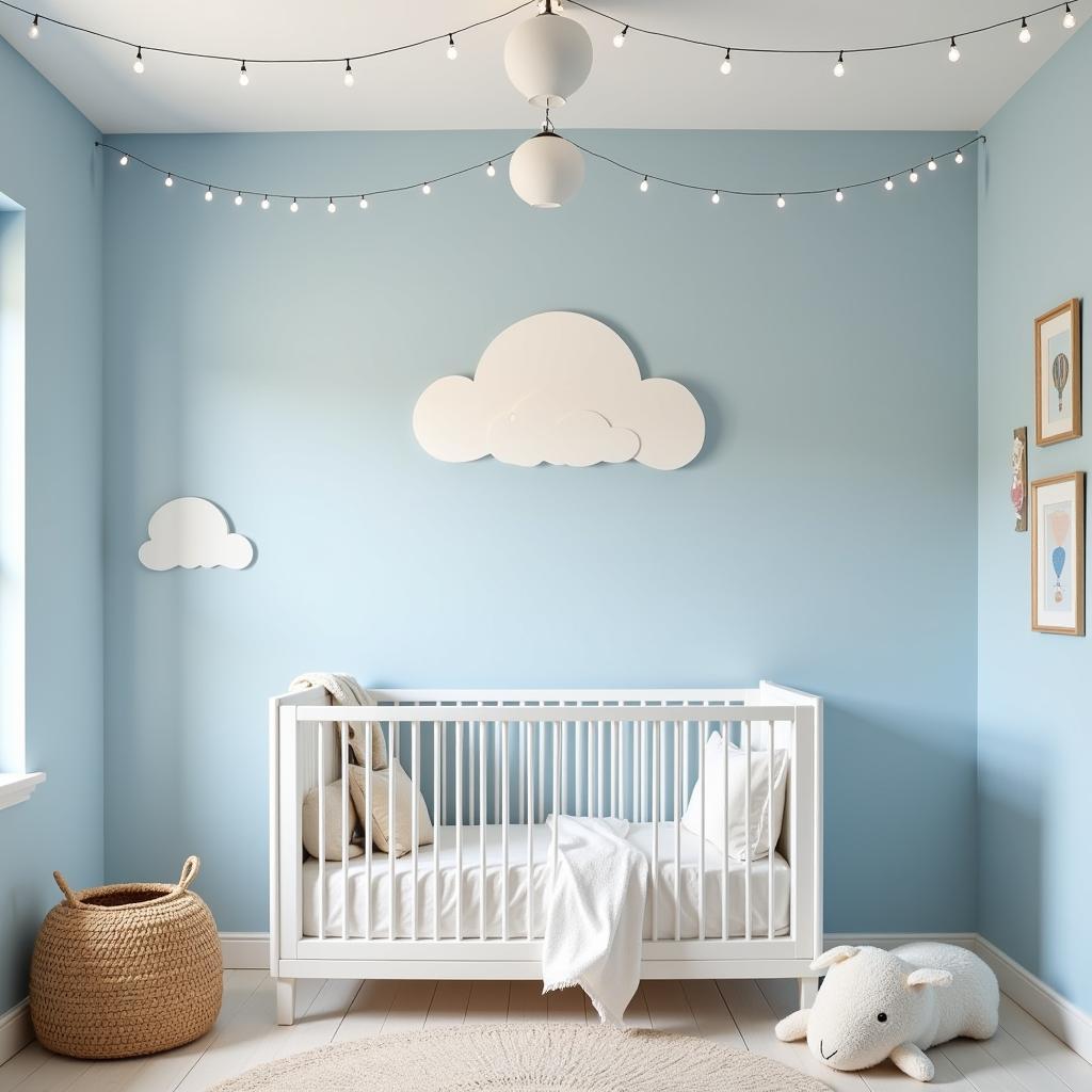 Hot air balloon nursery wall decor with cloud murals and string lights