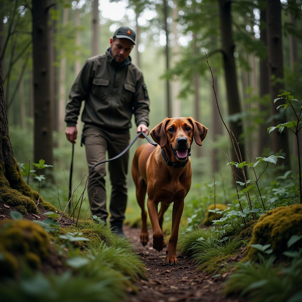 Hunter and Bloodhound in Forest