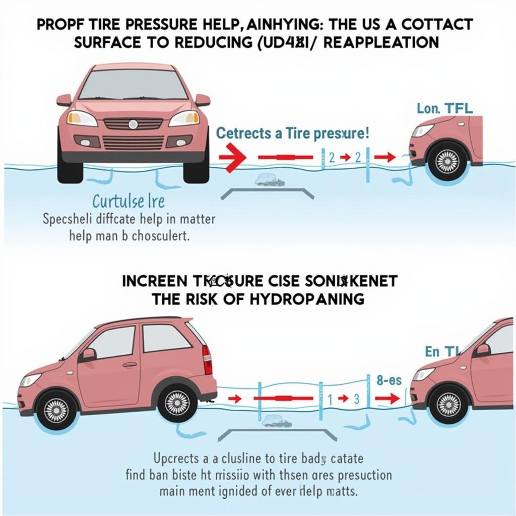 Illustration of correct and incorrect tire pressure and its effect on hydroplaning.