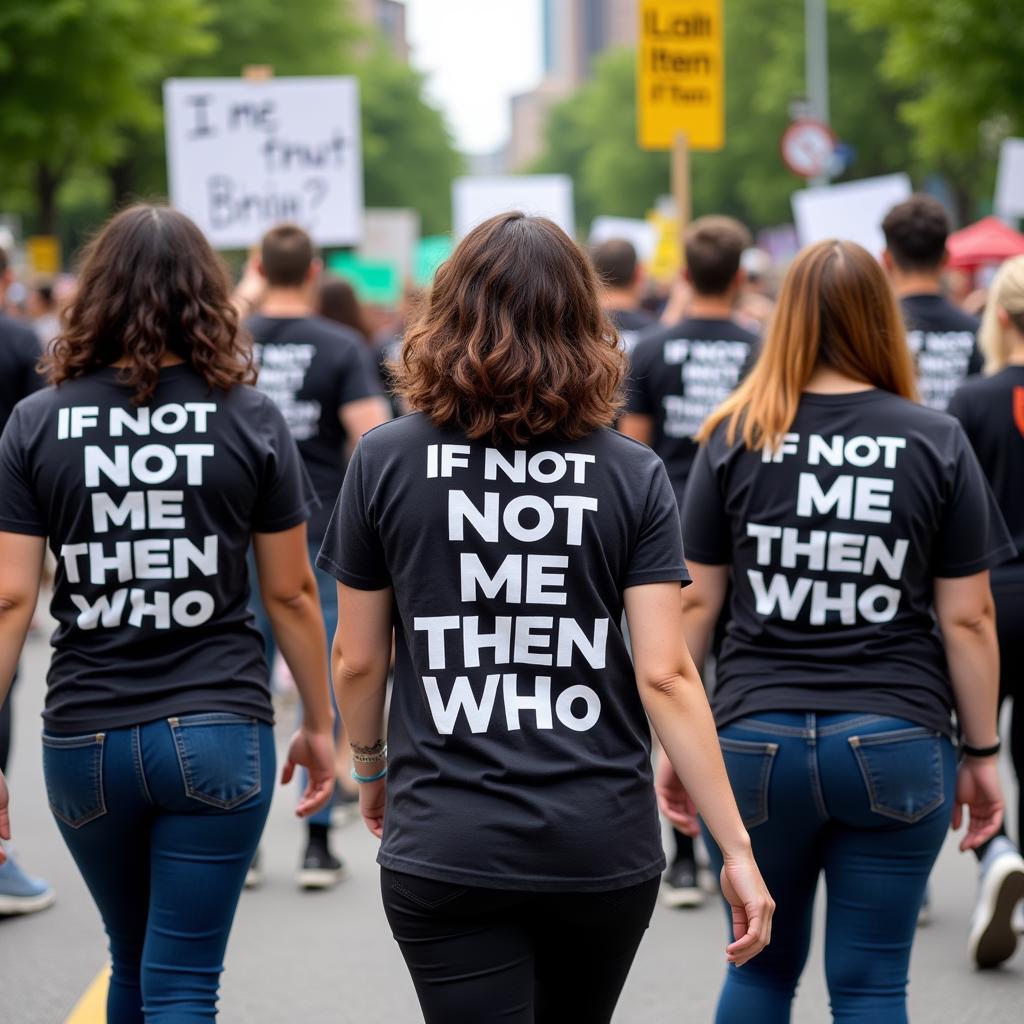 People wearing "If Not Me Then Who" shirts at a protest