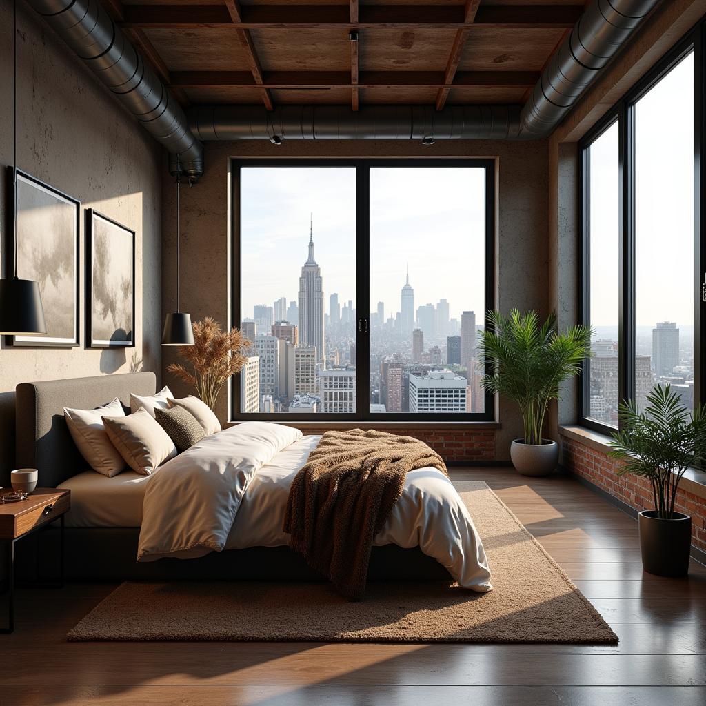 Bedroom in an industrial loft with large windows offering a panoramic city view.