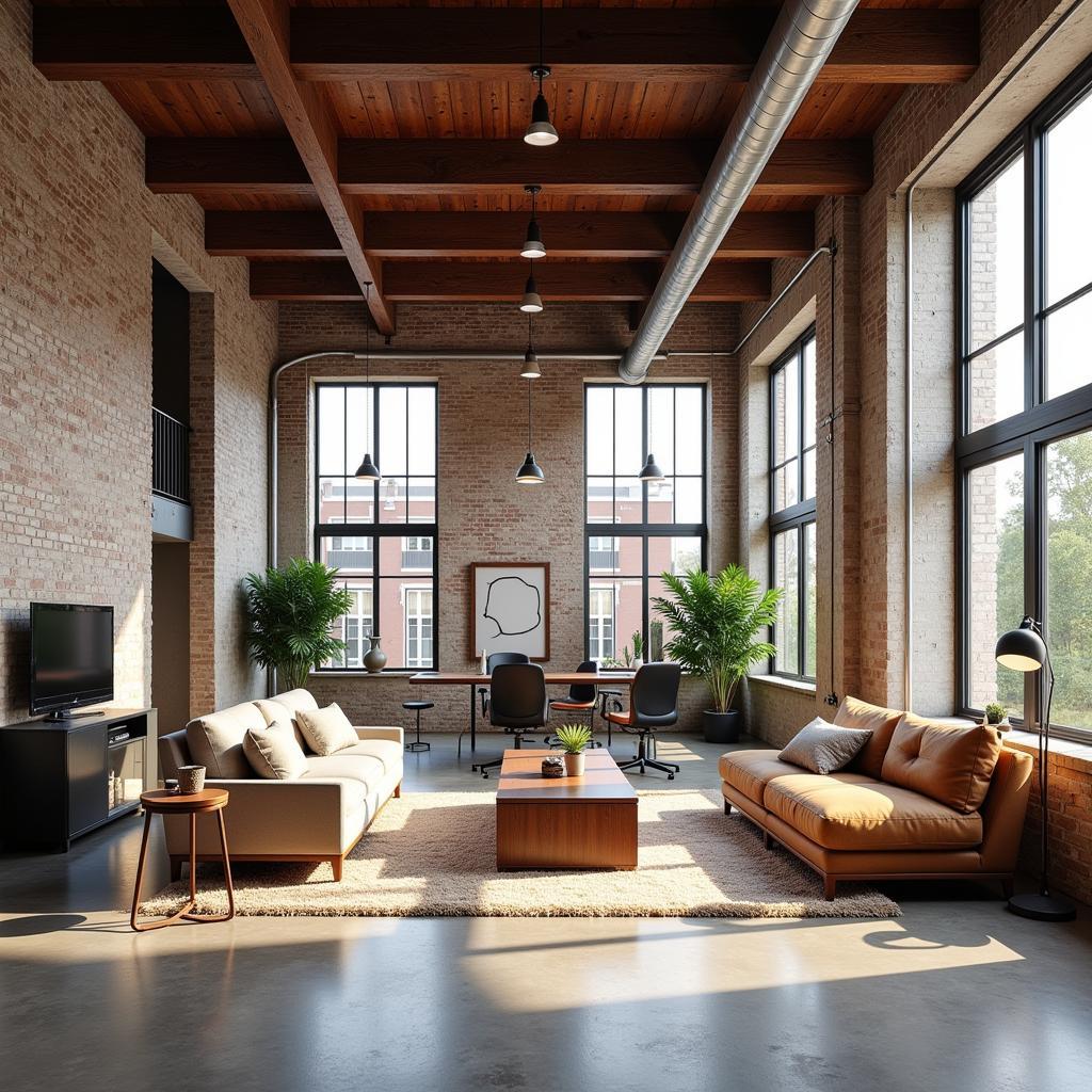 Open-plan living space in a renovated industrial loft showcasing exposed brick walls, high ceilings, and large windows.