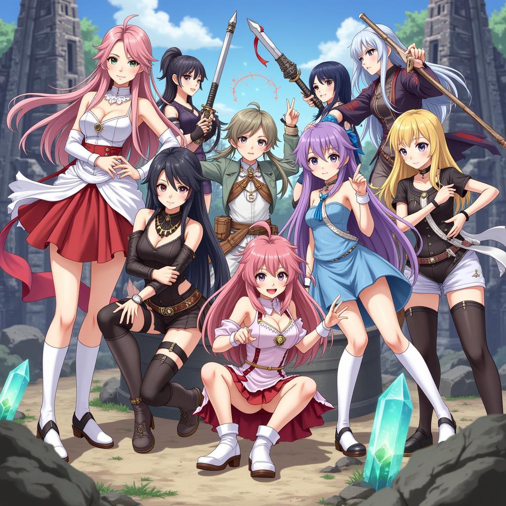 A group of diverse anime-style characters ready for battle in a Japanese mobile RPG.