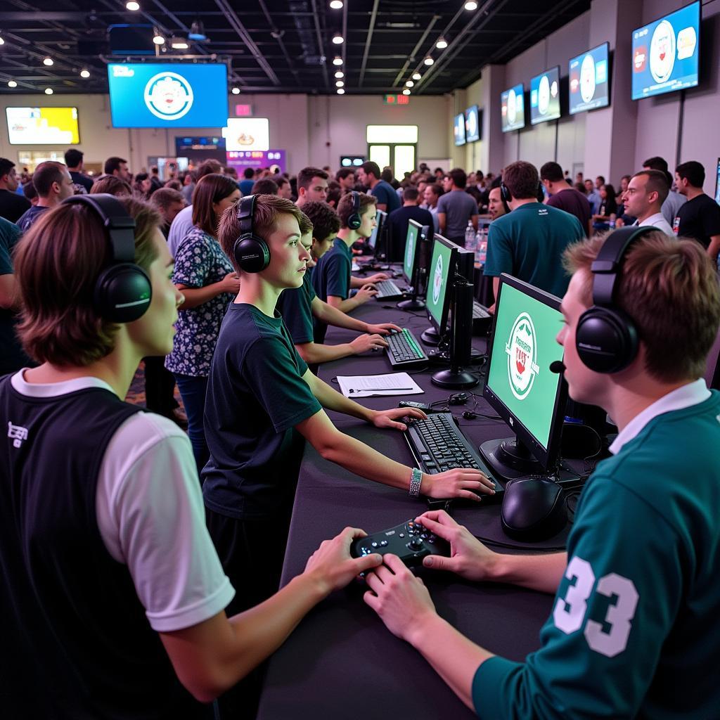 Fans meeting New York Jets players at a gaming event, with consoles and gaming setups in the background. 