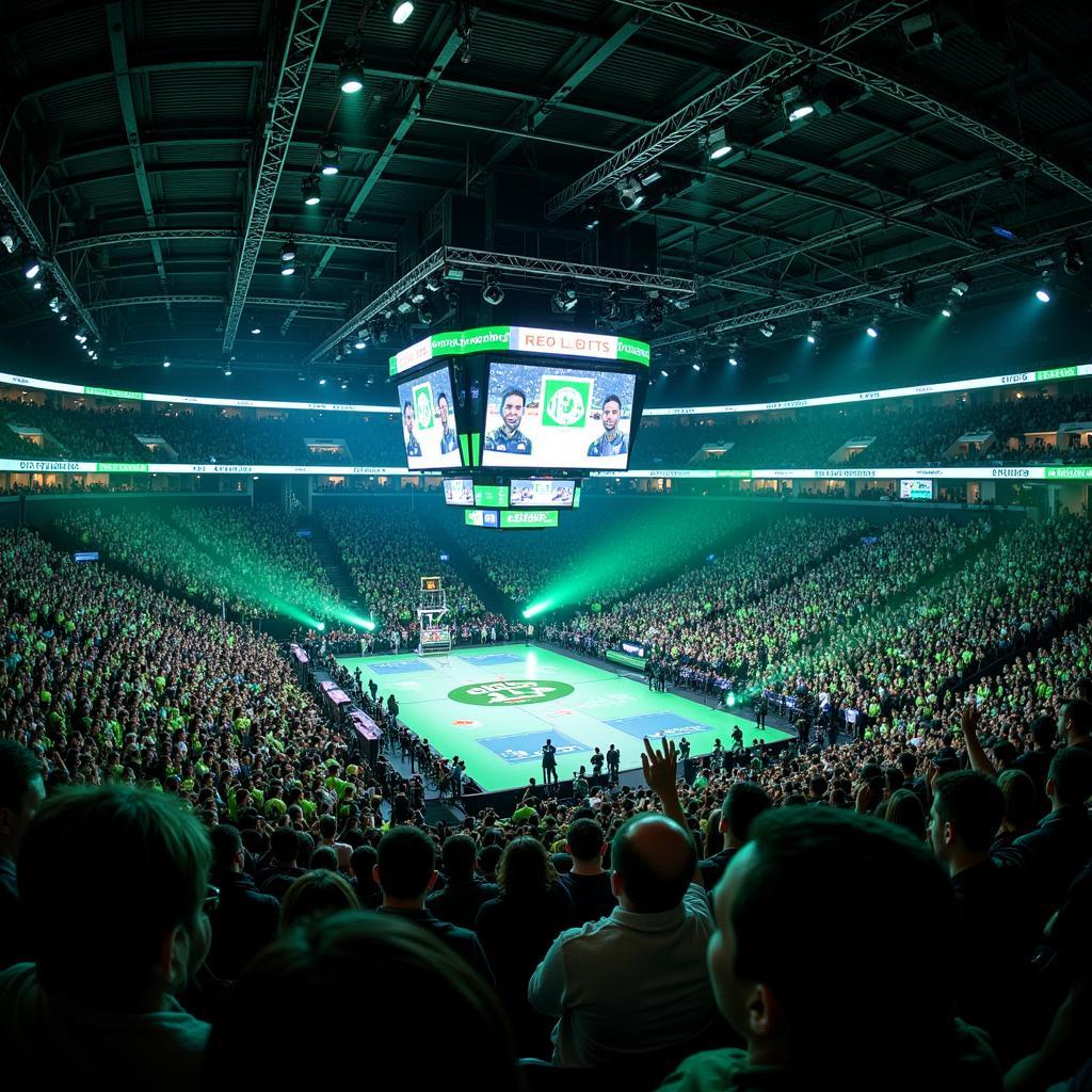 A large esports arena filled with fans cheering for a New York Jets branded CS:GO team. The arena is decked out in Jets colors and logos.