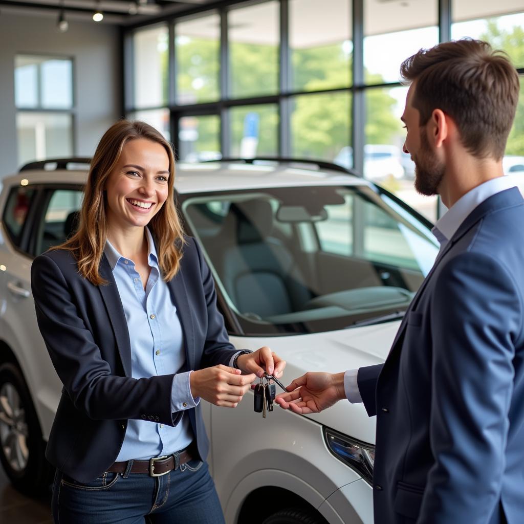 Happy customer receiving car keys at Joel Auto Sale