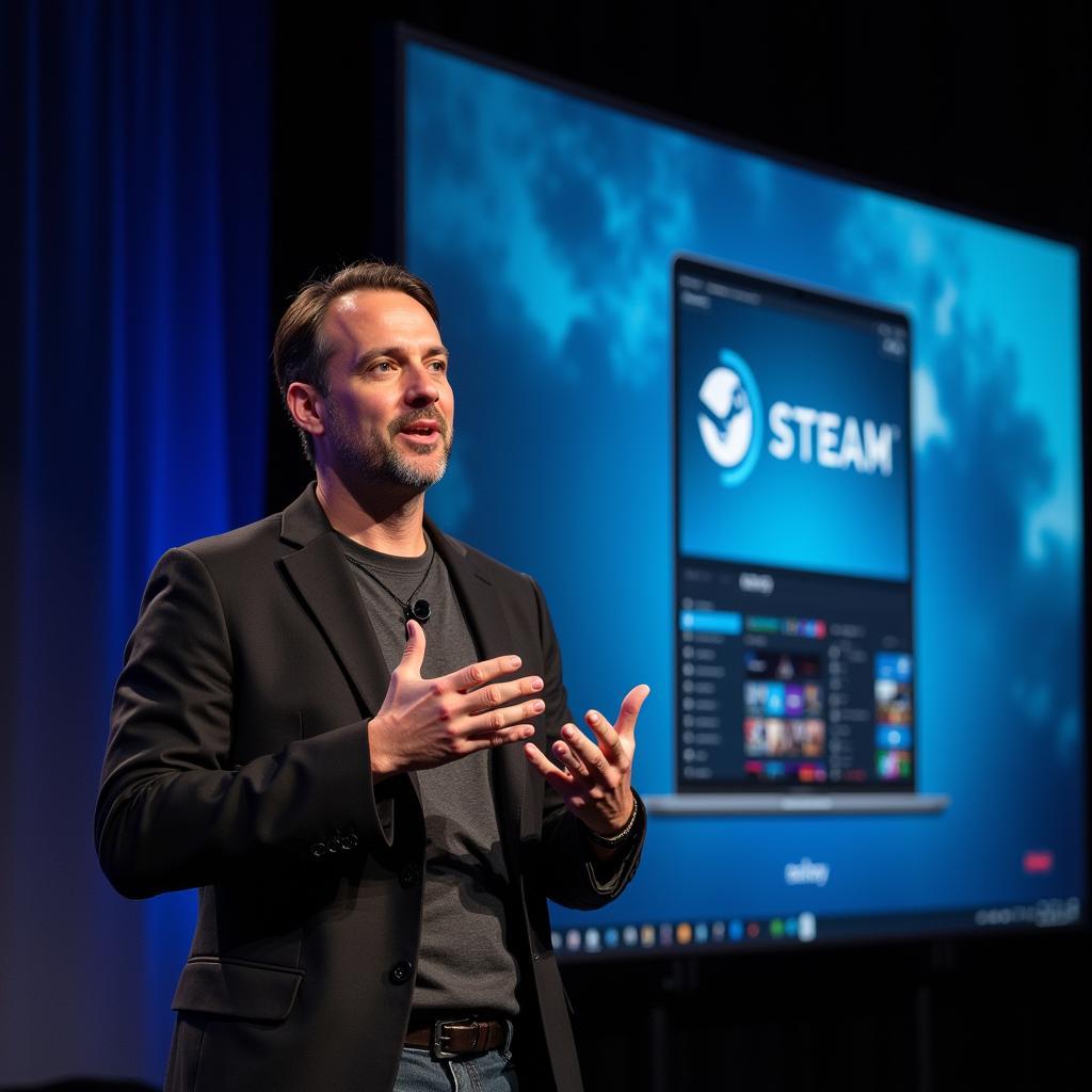 Joseph Newell presenting the Steam platform