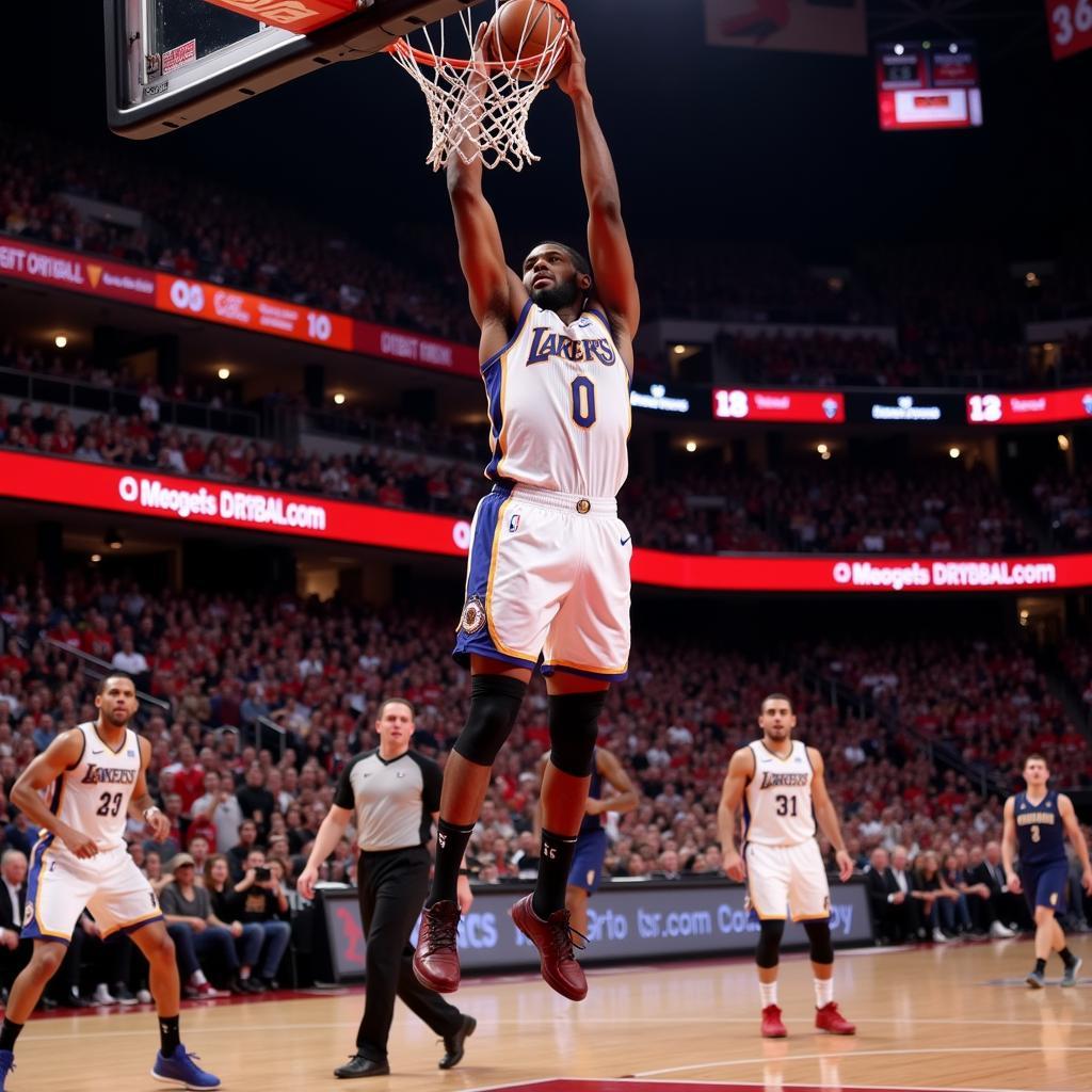 Jump Work Basketball Player Dunking: A basketball player executing a powerful dunk during a game.