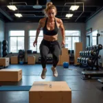 Jump Work Fitness Plyometrics: A woman performing a box jump in a gym setting.