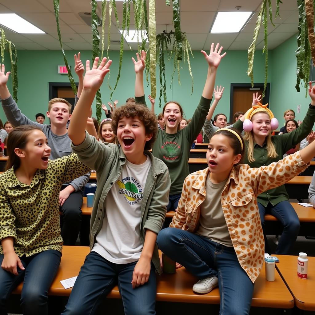 Students dressed in jungle attire at a football game