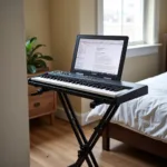 Portable Keyboard on a Stand in a Bedroom