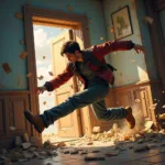 Character kicking down a door in an action game