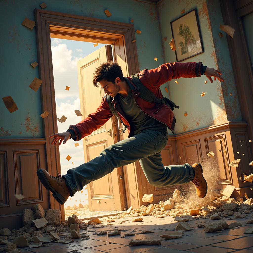 Character kicking down a door in an action game