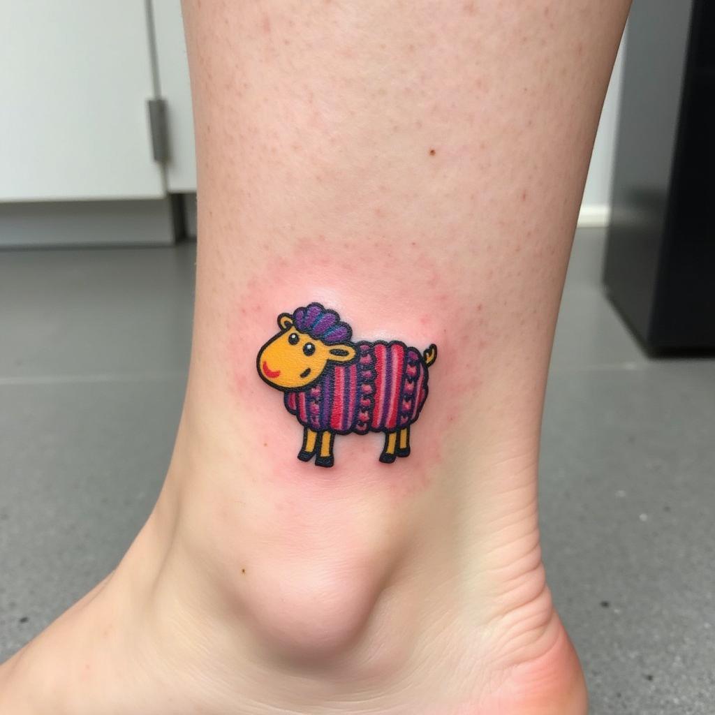 Small, colorful tattoo of a knitted sheep.