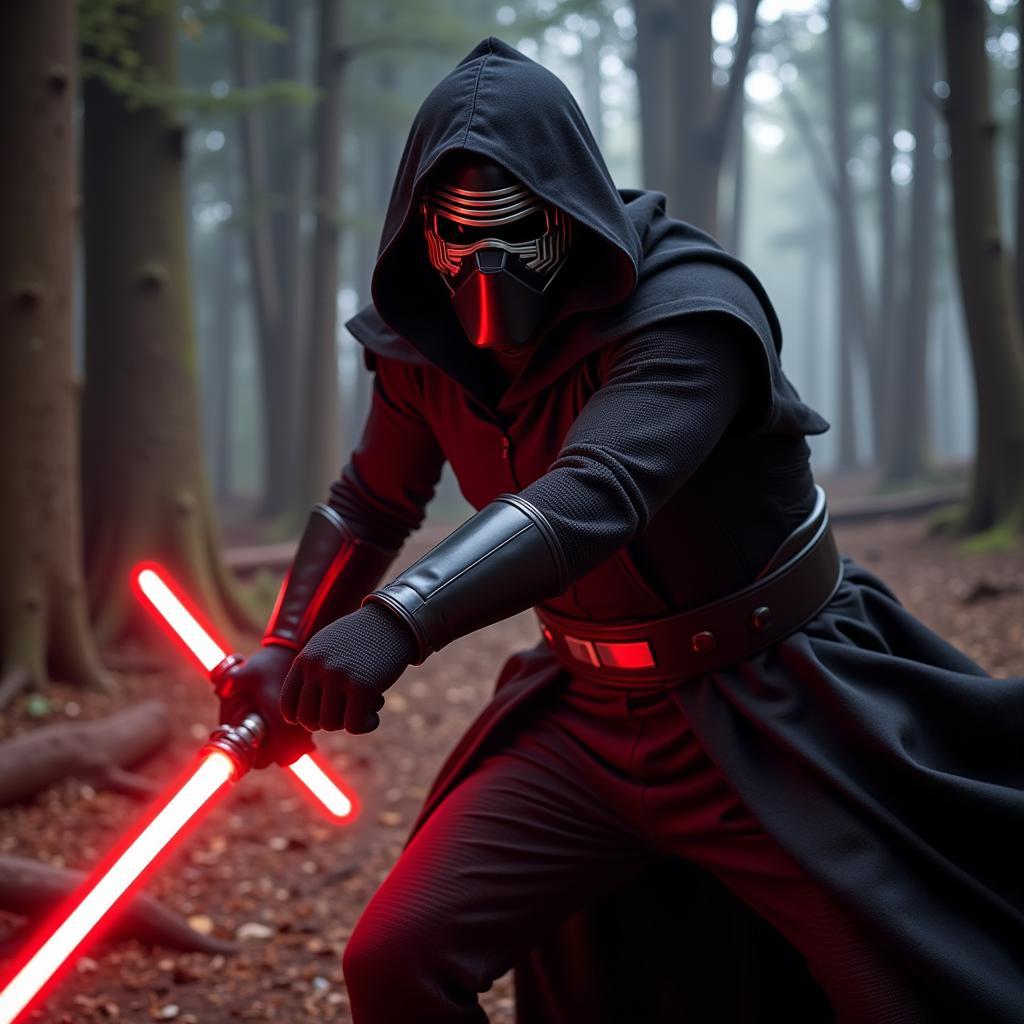 Kylo Ren Wielding His Lightsaber in Battle