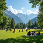 Lavizan Forest Park in Tehran, Iran: A scenic view of the park with families enjoying a picnic, children playing on the playground, and the Alborz Mountains in the background.