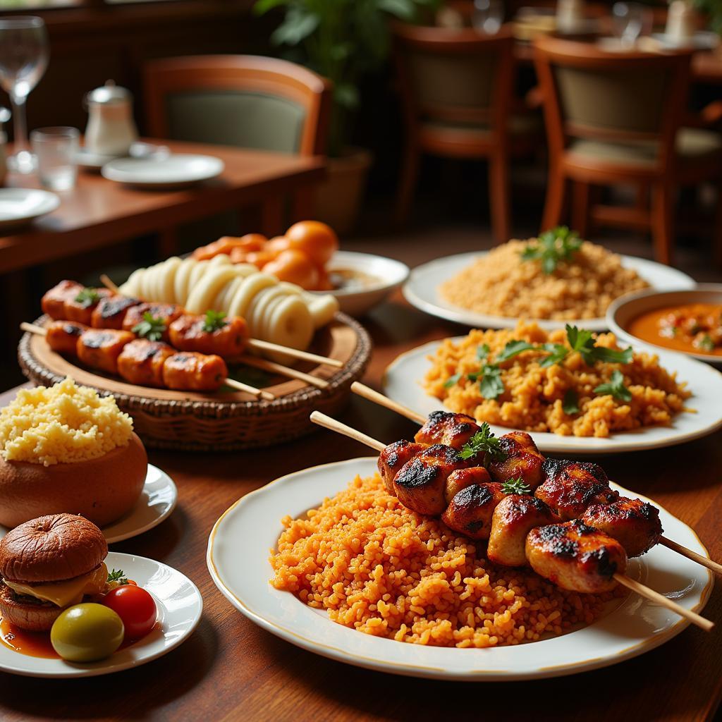 Traditional Persian food being served in a Lavizan restaurant: A table laden with various Persian dishes, including kebabs, rice, and stews.