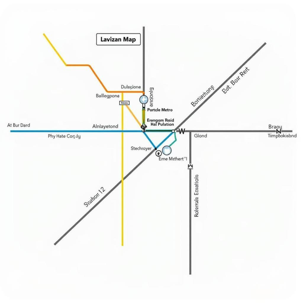 A map of Lavizan, Tehran, highlighting public transport routes and access points to the park and surrounding areas: A detailed map showing bus routes, metro stations, and major roads leading to Lavizan.