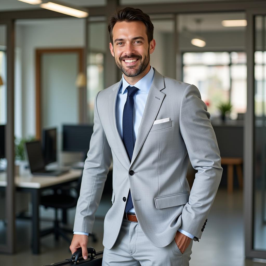 Light Grey Suit with Navy Blue Tie: Daytime Look