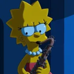 Lisa Simpson playing the blues on her saxophone with a sad expression.