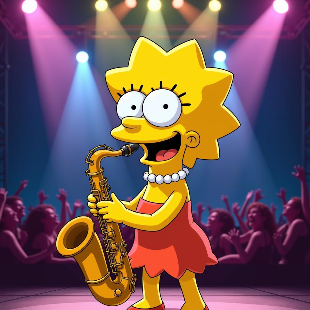 Lisa Simpson performing joyfully on her saxophone.