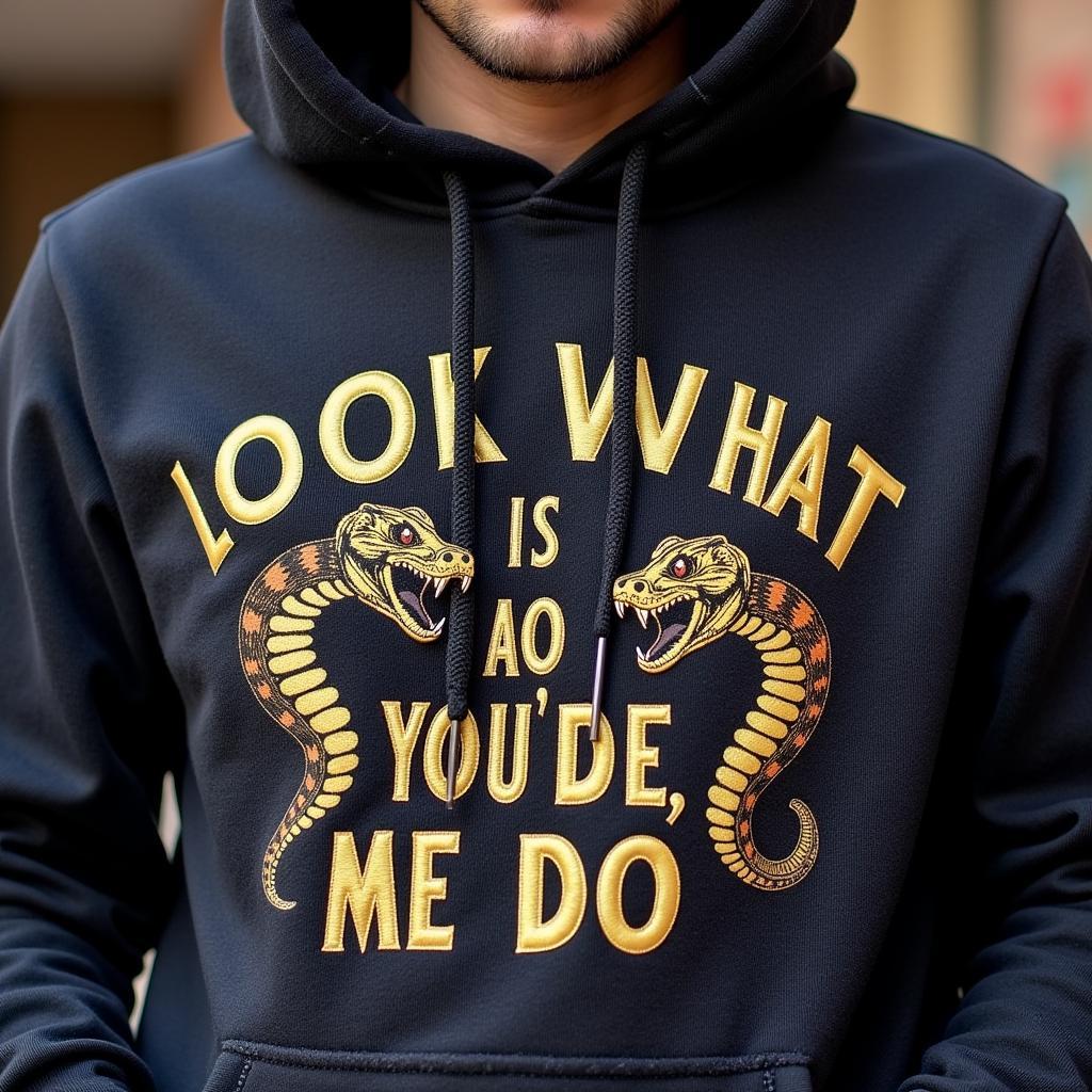 Close-up view of the "Look What You Made Me Do" hoodie design, showcasing the snake motif and typography.