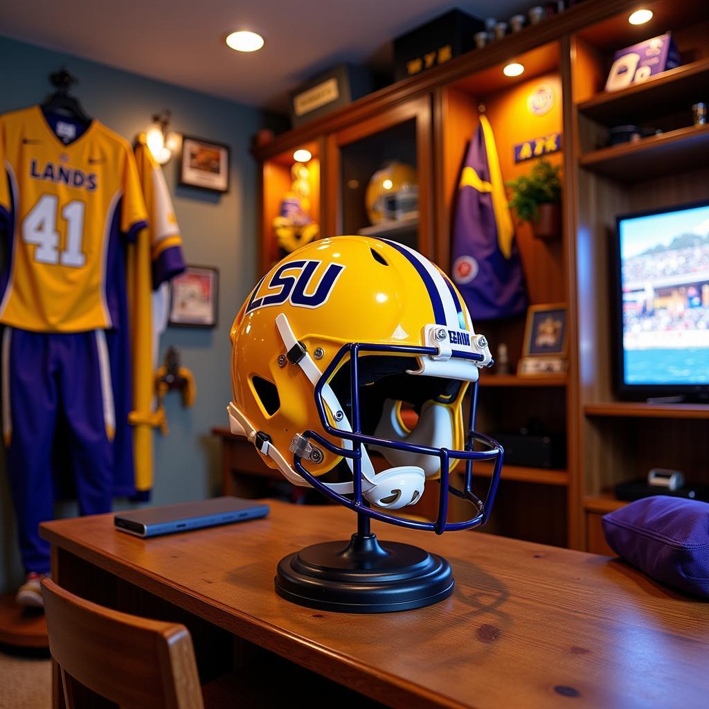 LSU Authentic Helmet Displayed in a Fan Cave