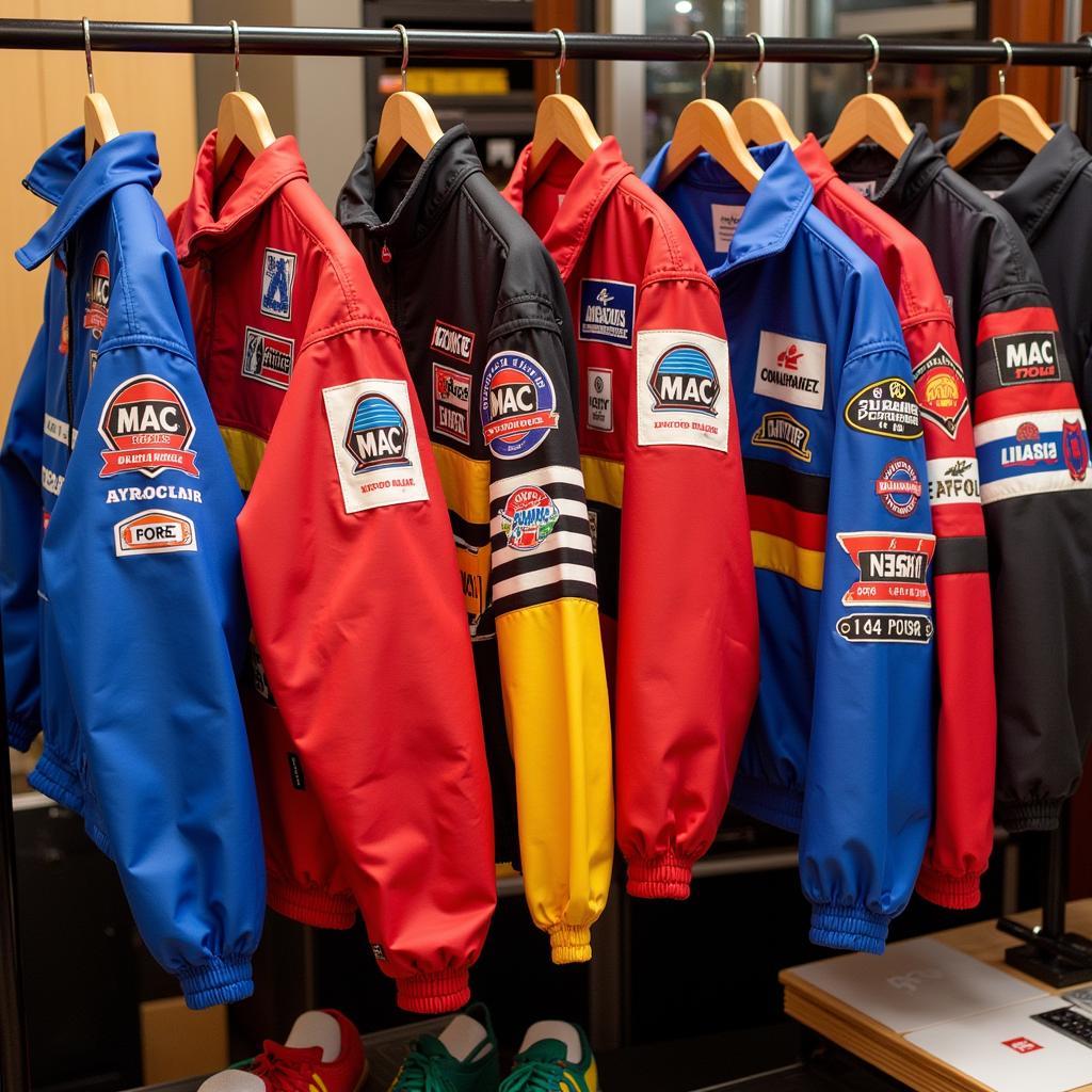 Collection of various Mac Tools racing jackets showcasing different designs and logos