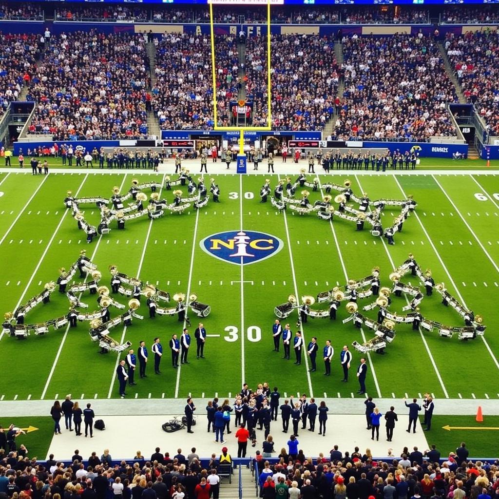 A marching band performing a complex formation on a football field