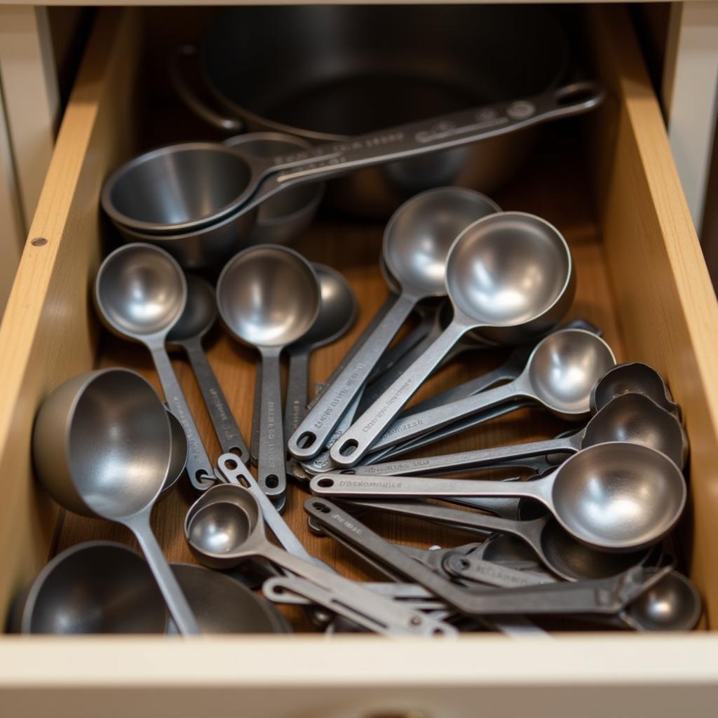 Measuring cups and spoons neatly organized in a kitchen drawer