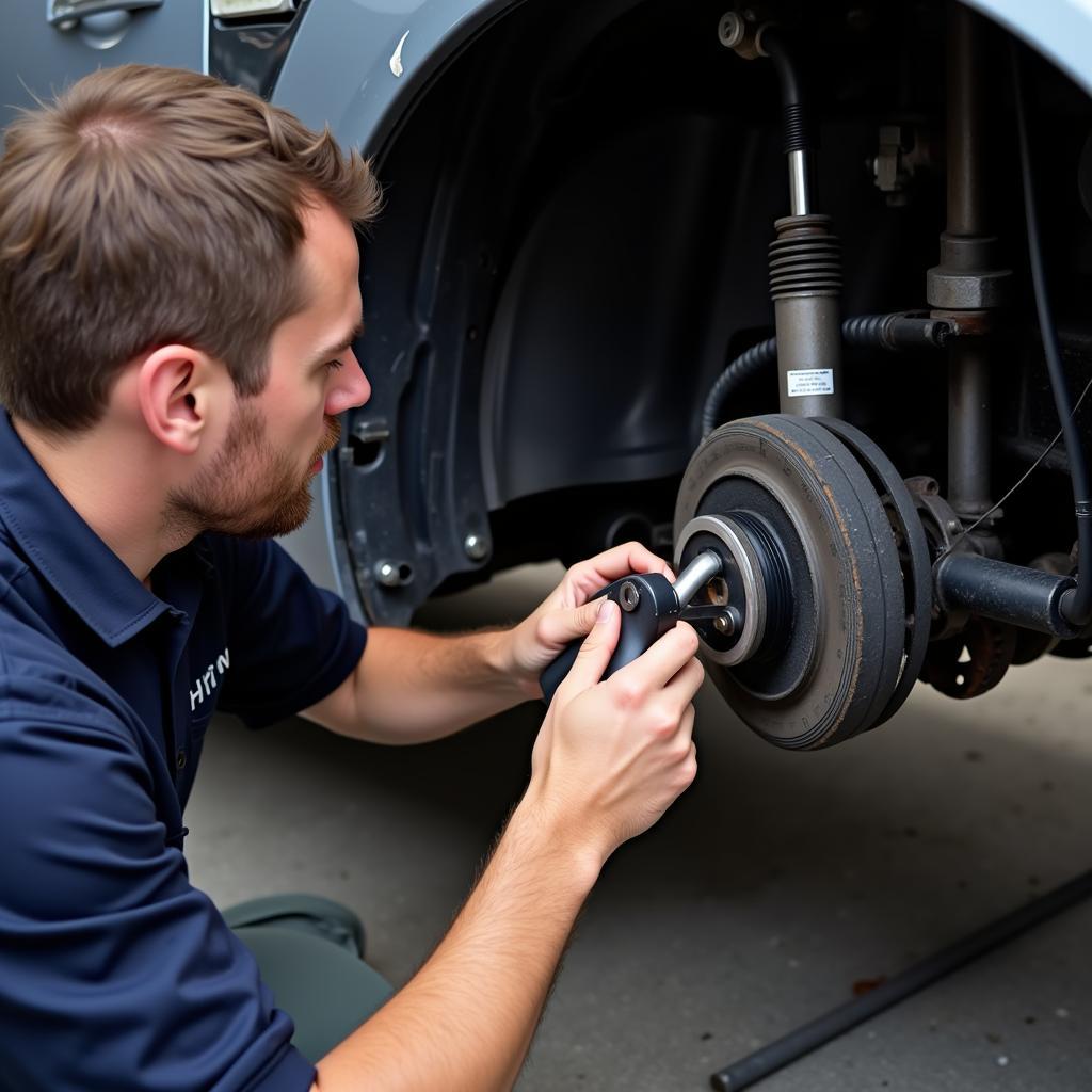 Mechanic Inspecting Car Steering System for Jerking Issue