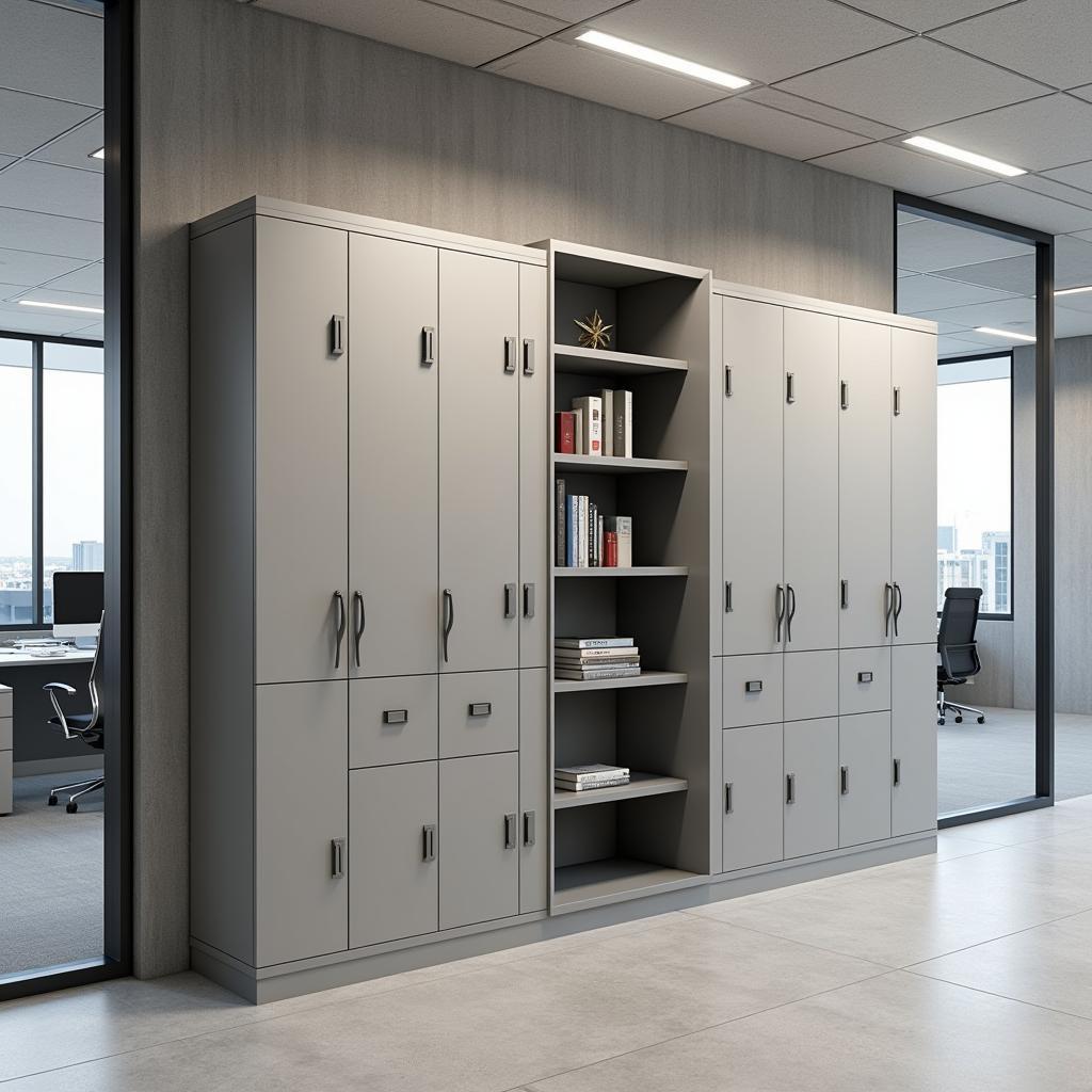 Metal bookshelf lockers provide secure storage in an office environment