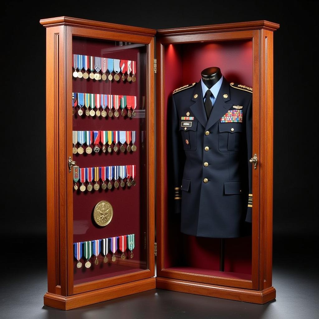 Military Display Case showcasing Medals and Uniform