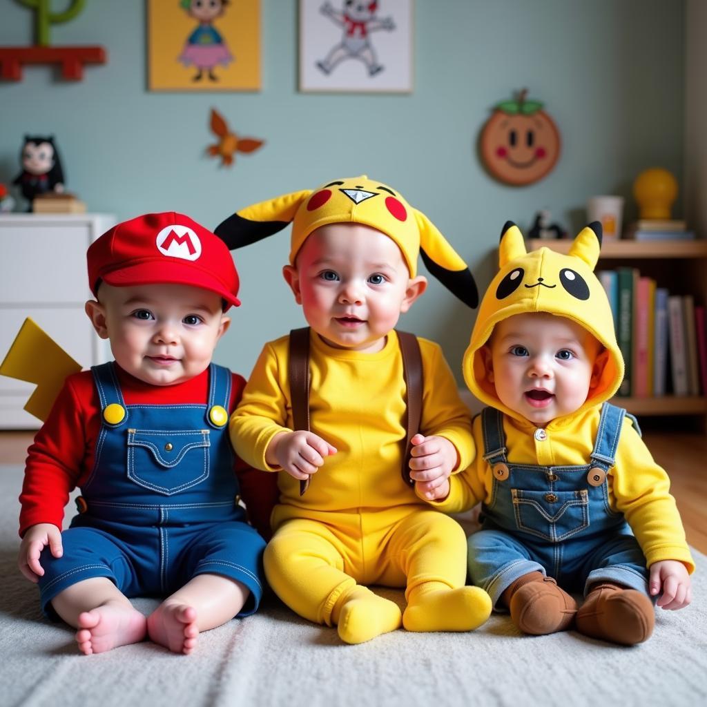 Modern Gaming Hero Infant Costumes: Mario, Pikachu, and a Fortnite Character